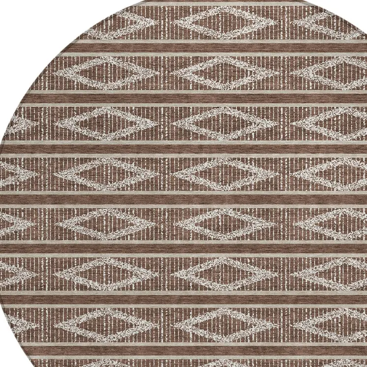 8' Brown And Beige Round Geometric Washable Indoor Outdoor Area Rug