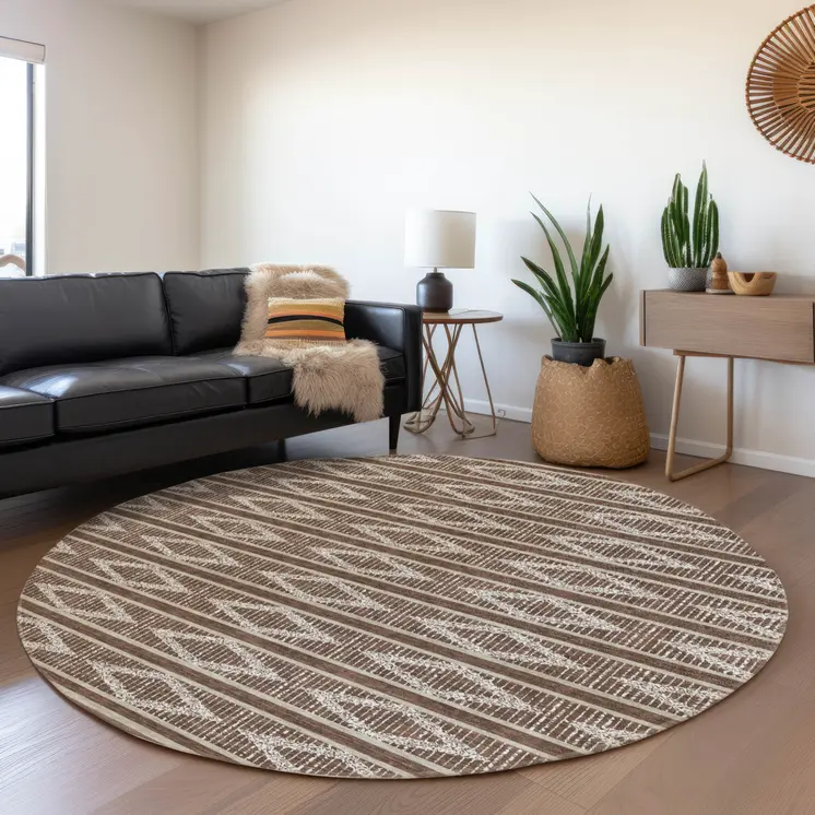 8' Brown And Beige Round Geometric Washable Indoor Outdoor Area Rug