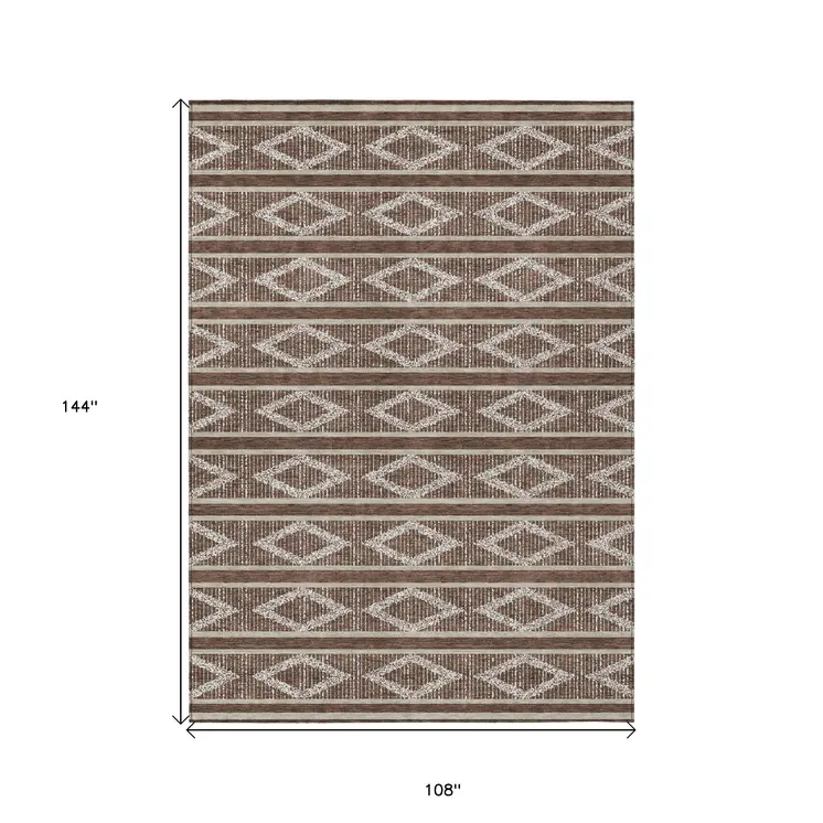 9' X 12' Brown And Beige Geometric Washable Indoor Outdoor Area Rug