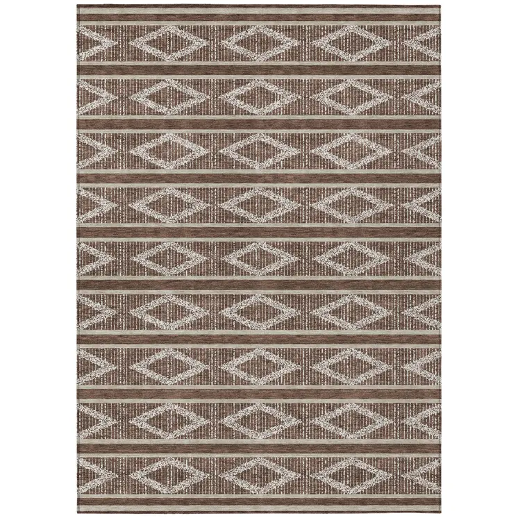 9' X 12' Brown And Beige Geometric Washable Indoor Outdoor Area Rug