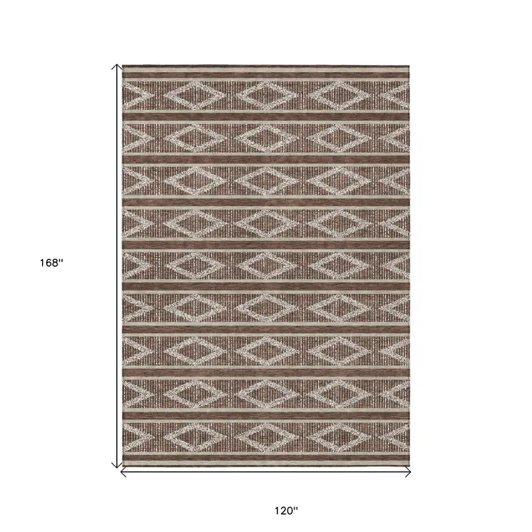 10' X 14' Brown And Beige Geometric Washable Indoor Outdoor Area Rug