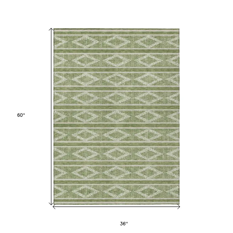 3' X 5' Green And Ivory Geometric Washable Indoor Outdoor Area Rug