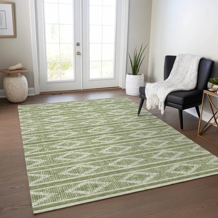 3' X 5' Green And Ivory Geometric Washable Indoor Outdoor Area Rug