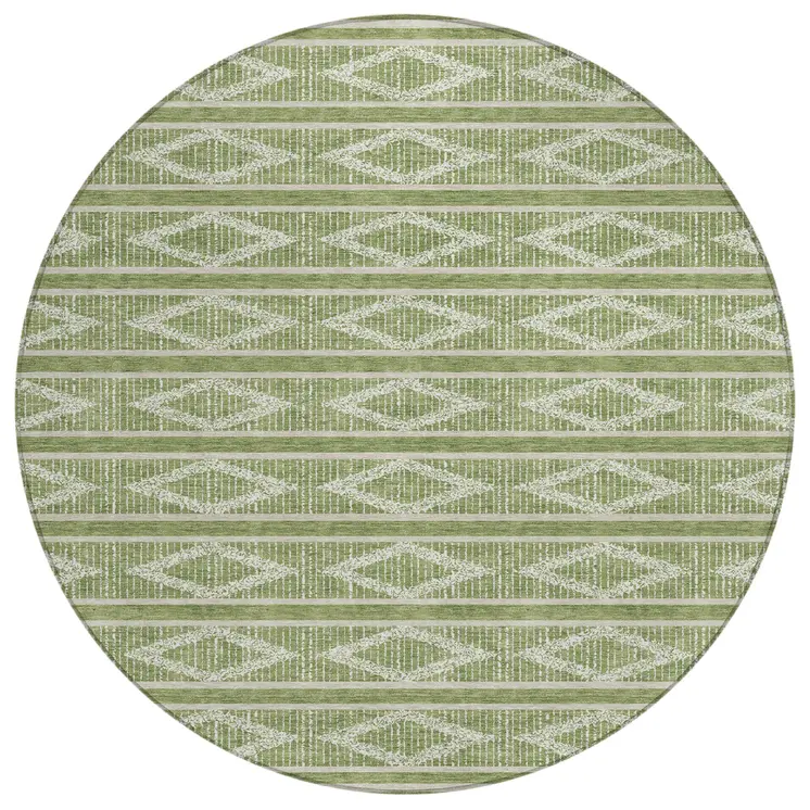8' Green And Ivory Round Geometric Washable Indoor Outdoor Area Rug