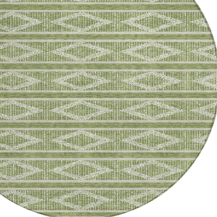 8' Green And Ivory Round Geometric Washable Indoor Outdoor Area Rug