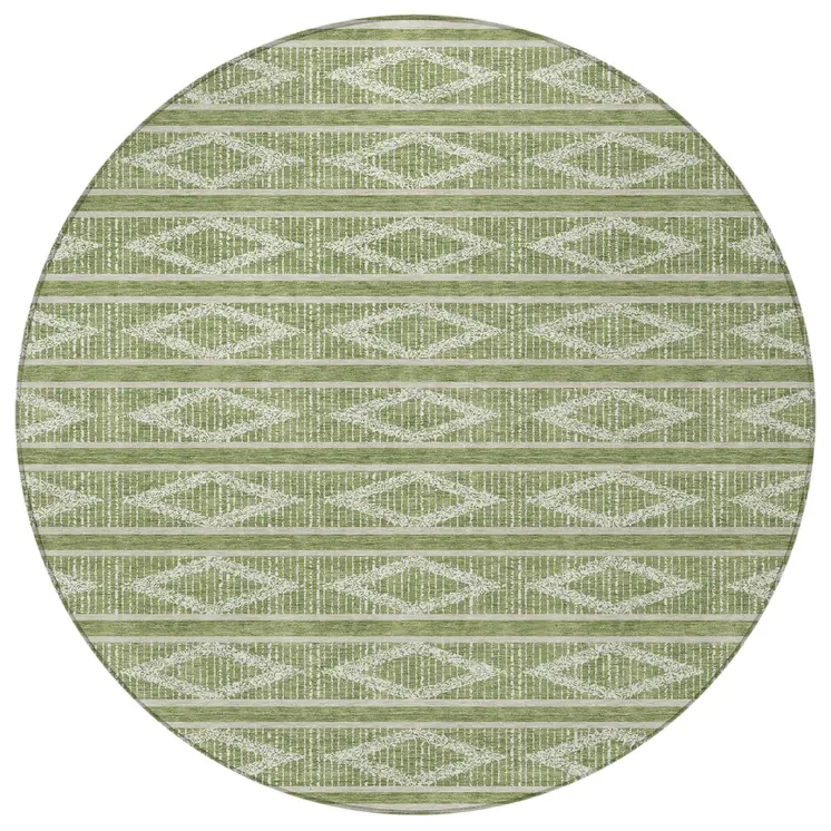 8' Green And Ivory Round Geometric Washable Indoor Outdoor Area Rug