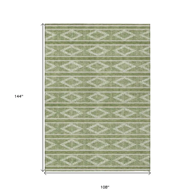 9' X 12' Green And Ivory Geometric Washable Indoor Outdoor Area Rug