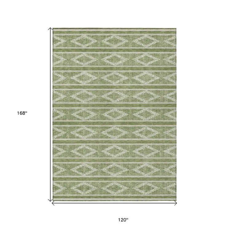 10' X 14' Green And Ivory Geometric Washable Indoor Outdoor Area Rug