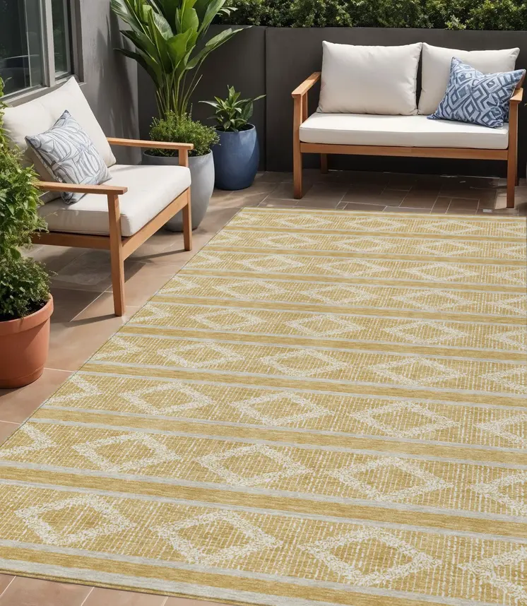 5' X 8' Gold And Ivory Geometric Washable Indoor Outdoor Area Rug