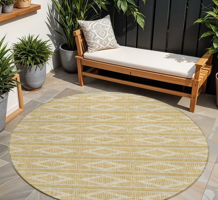 8' Gold And Ivory Round Geometric Washable Indoor Outdoor Area Rug