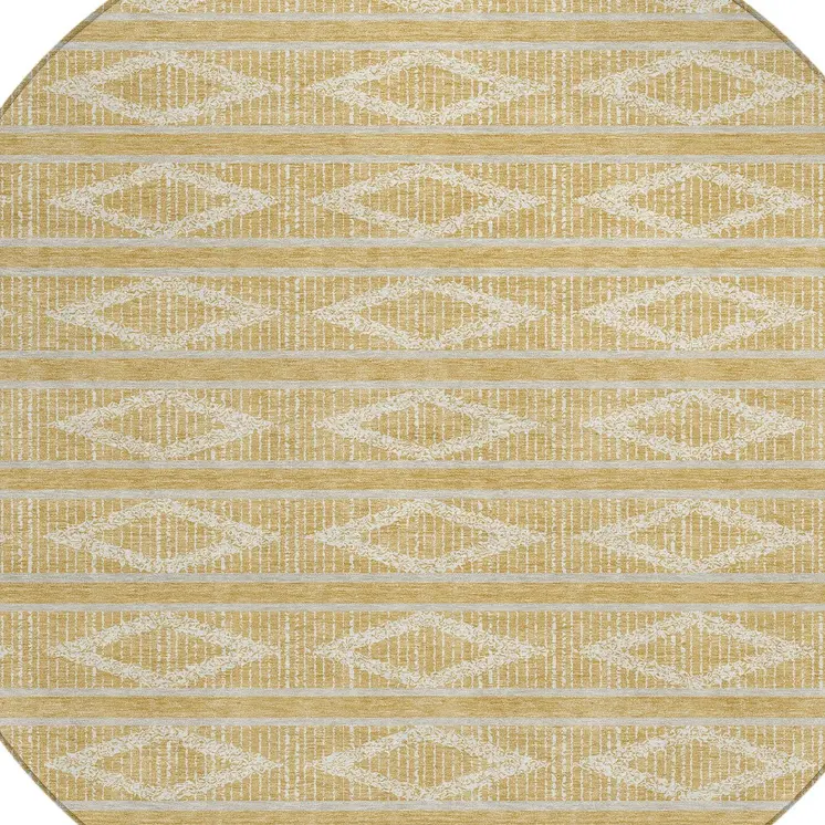 8' Gold And Ivory Round Geometric Washable Indoor Outdoor Area Rug