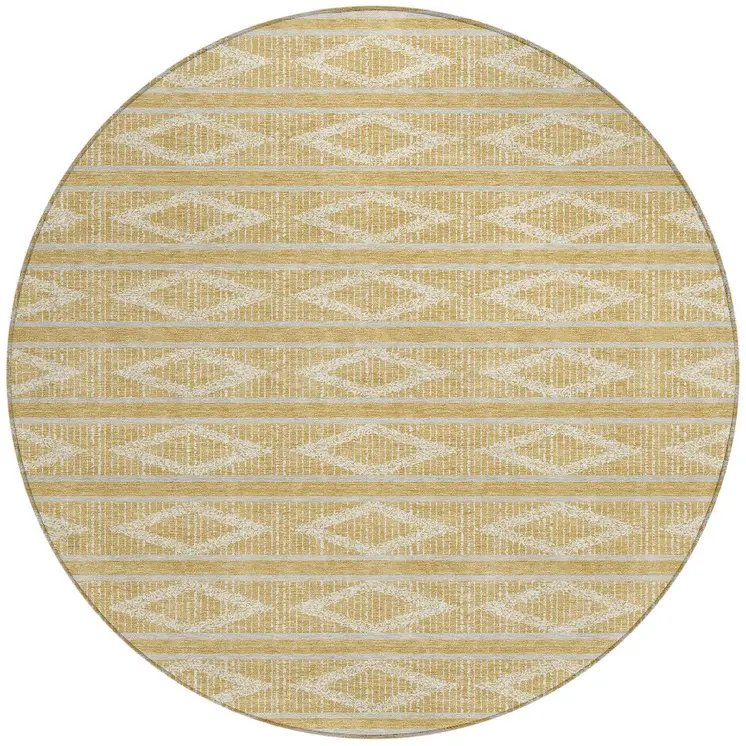 8' Gold And Ivory Round Geometric Washable Indoor Outdoor Area Rug