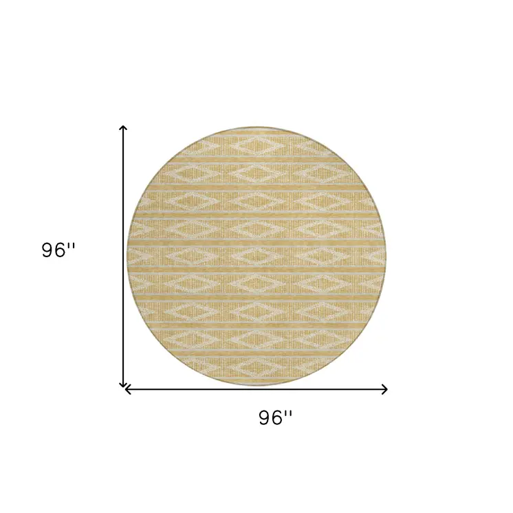 8' Gold And Ivory Round Geometric Washable Indoor Outdoor Area Rug