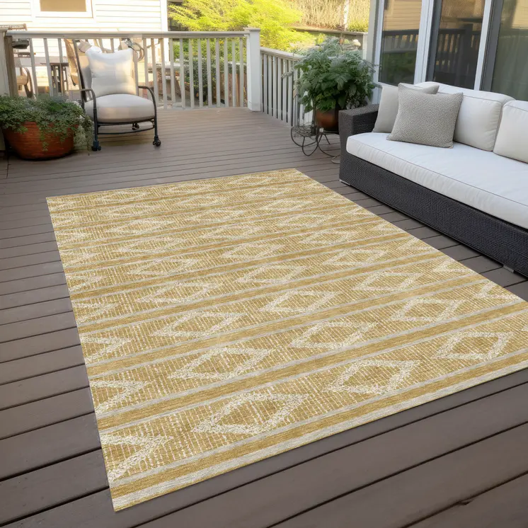 9' X 12' Gold And Ivory Geometric Washable Indoor Outdoor Area Rug