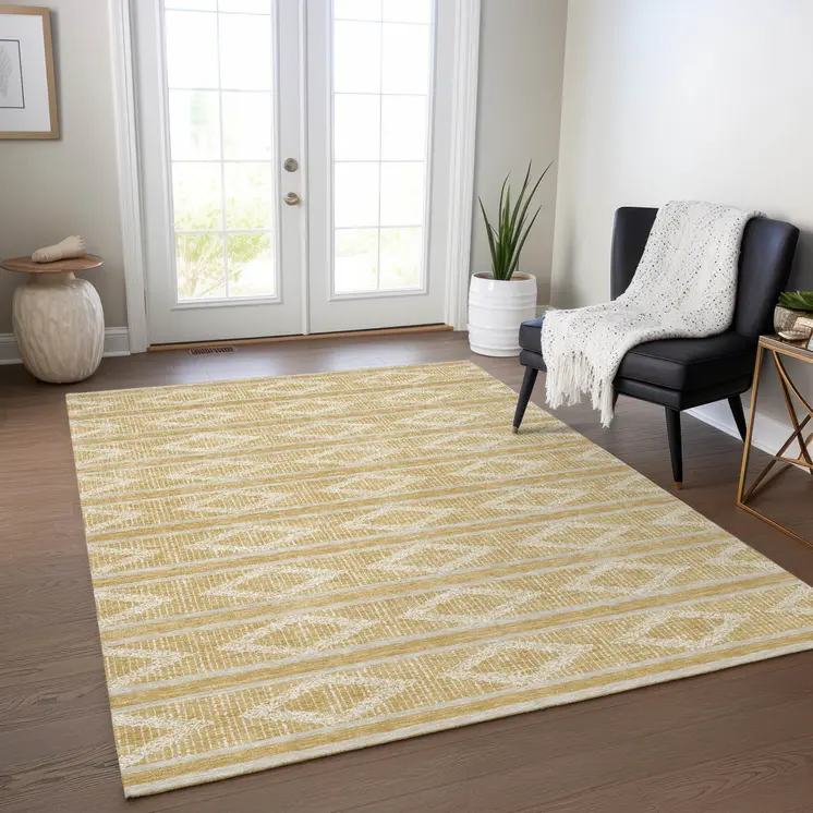 9' X 12' Gold And Ivory Geometric Washable Indoor Outdoor Area Rug