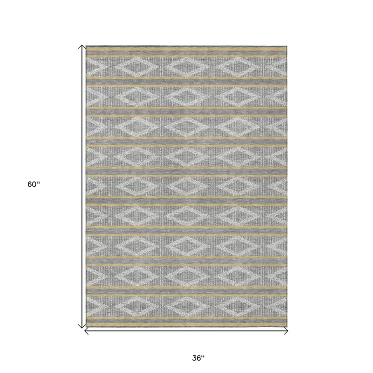 3' X 5' Gray Ivory And Brown Geometric Washable Indoor Outdoor Area Rug