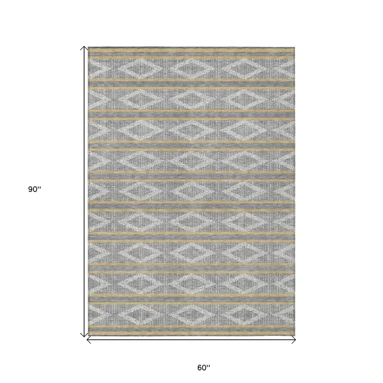 5' X 8' Gray Ivory And Brown Geometric Washable Indoor Outdoor Area Rug