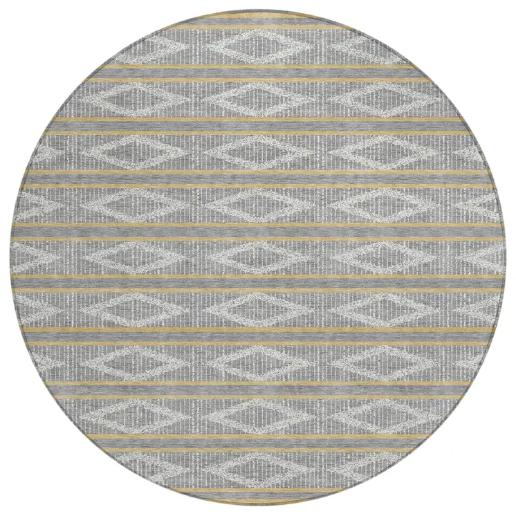 8' Gray Ivory And Brown Round Geometric Washable Indoor Outdoor Area Rug