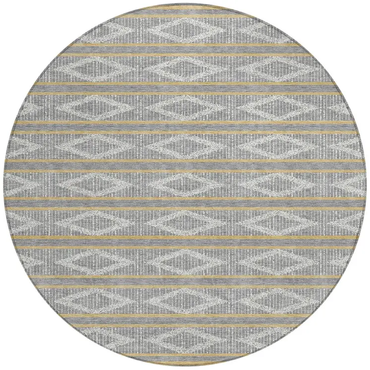 8' Gray Ivory And Brown Round Geometric Washable Indoor Outdoor Area Rug