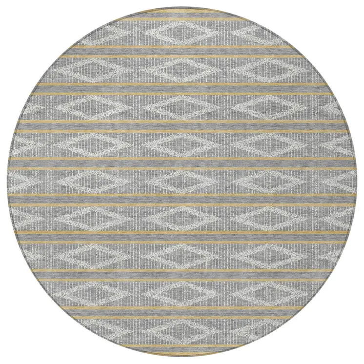 8' Gray Ivory And Brown Round Geometric Washable Indoor Outdoor Area Rug