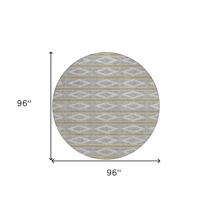 8' Gray Ivory And Brown Round Geometric Washable Indoor Outdoor Area Rug