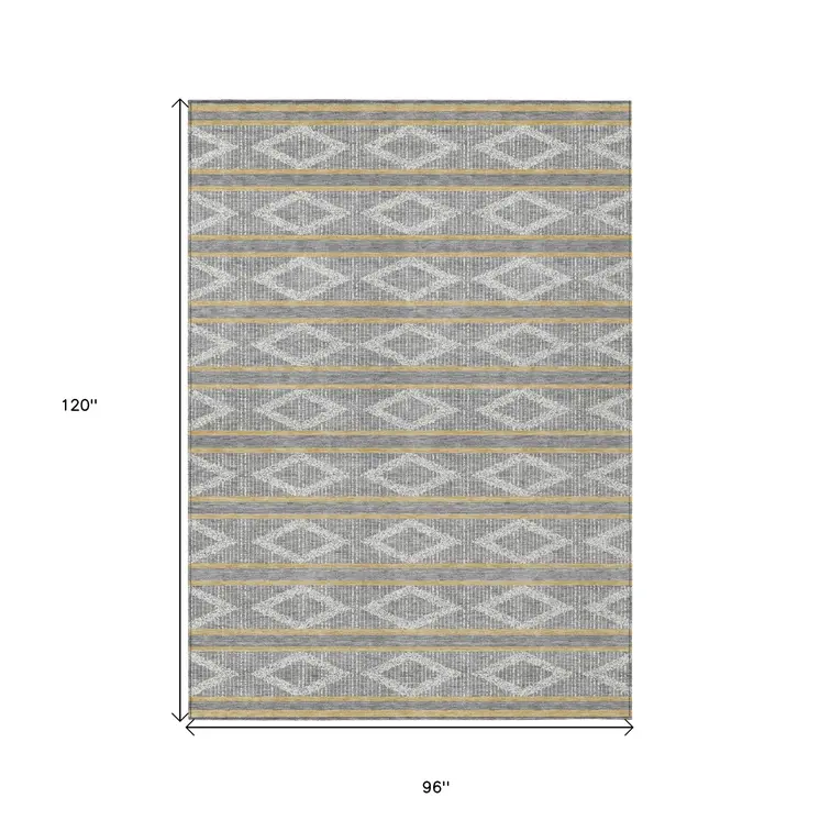 8' X 10' Gray Ivory And Brown Geometric Washable Indoor Outdoor Area Rug