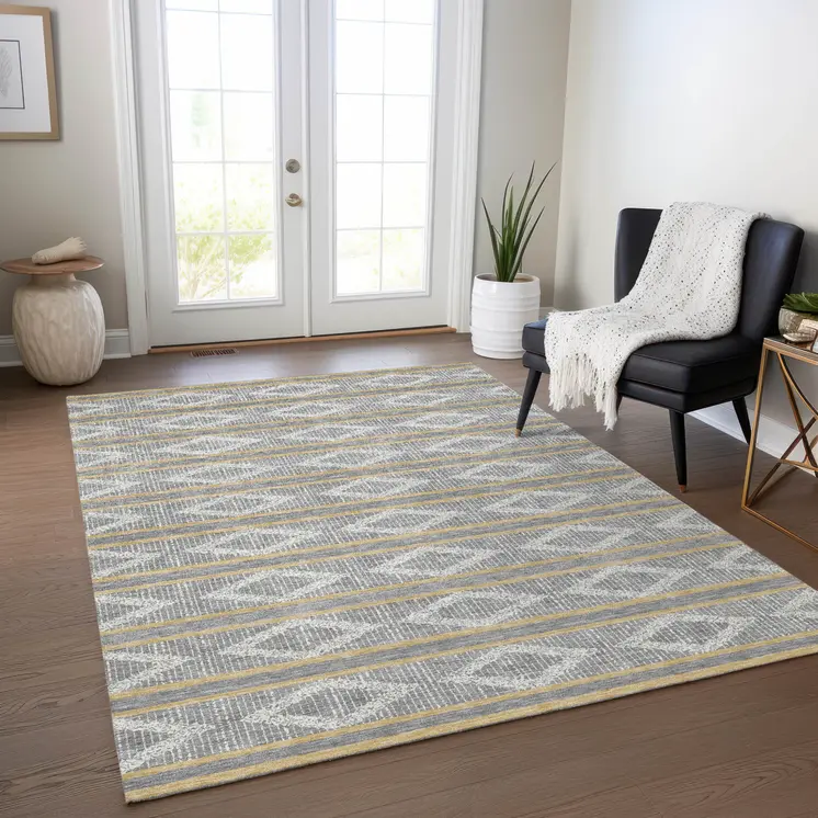 10' X 14' Gray Ivory And Brown Geometric Washable Indoor Outdoor Area Rug