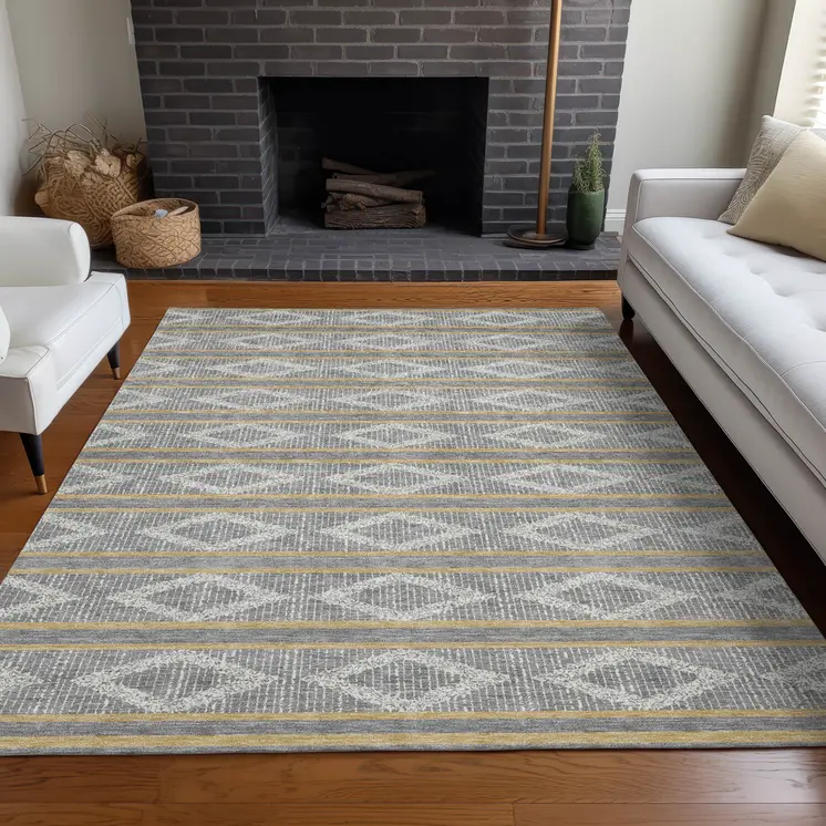10' X 14' Gray Ivory And Brown Geometric Washable Indoor Outdoor Area Rug
