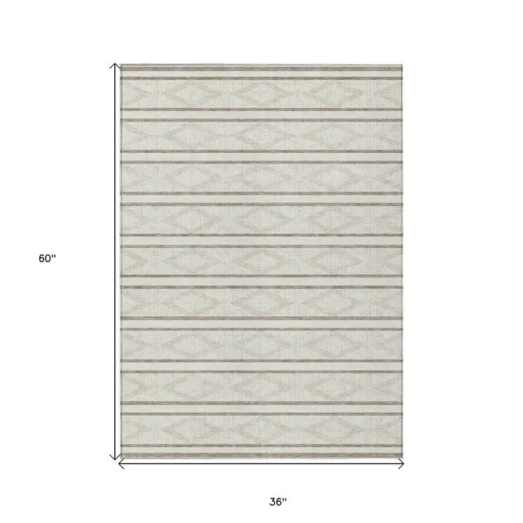 3' X 5' Ivory And Brown Geometric Washable Indoor Outdoor Area Rug