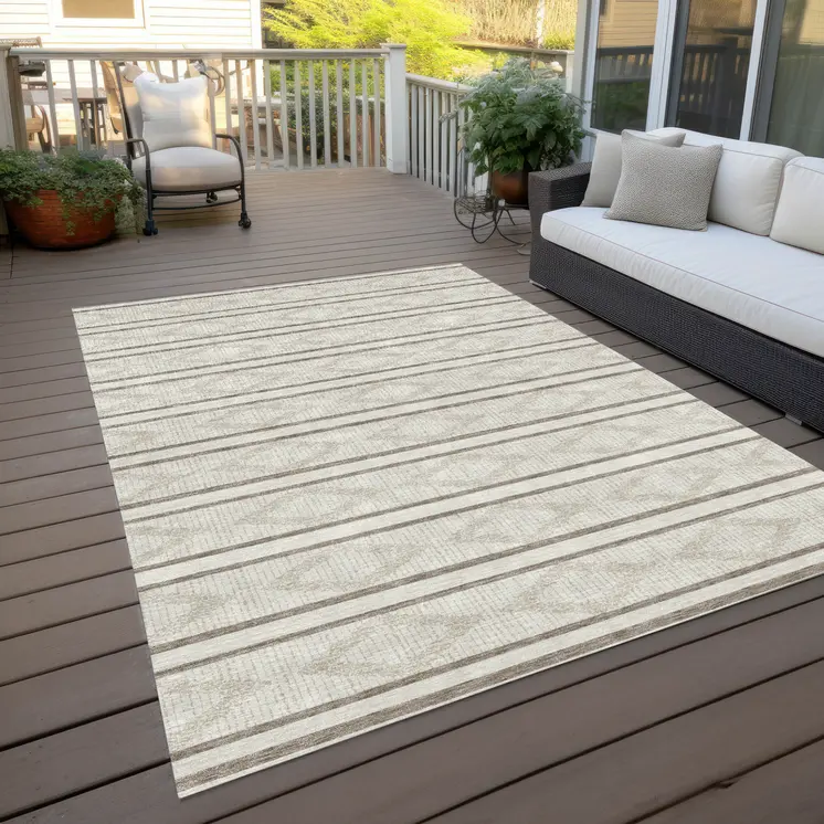 3' X 5' Ivory And Brown Geometric Washable Indoor Outdoor Area Rug