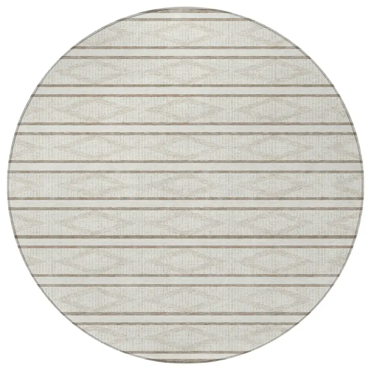 8' Ivory And Brown Round Geometric Washable Indoor Outdoor Area Rug