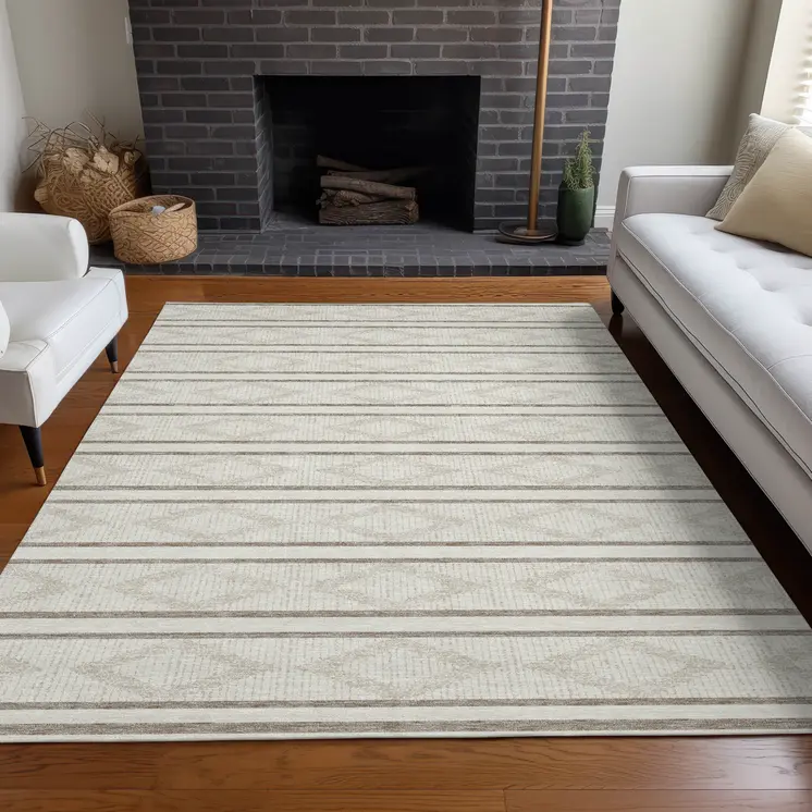 9' X 12' Ivory And Brown Geometric Washable Indoor Outdoor Area Rug