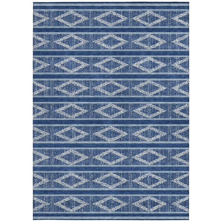 5' X 8' Navy Blue And Ivory Geometric Washable Indoor Outdoor Area Rug