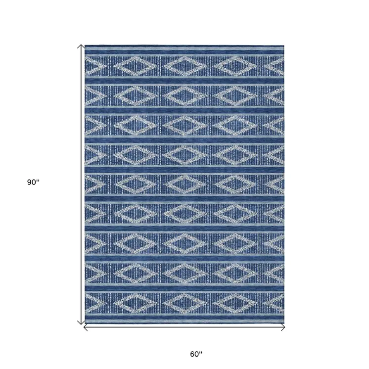 5' X 8' Navy Blue And Ivory Geometric Washable Indoor Outdoor Area Rug