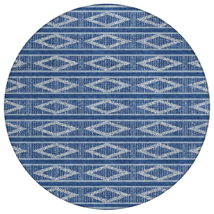 8' Navy Blue And Ivory Round Geometric Washable Indoor Outdoor Area Rug