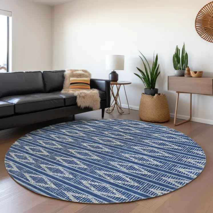8' Navy Blue And Ivory Round Geometric Washable Indoor Outdoor Area Rug