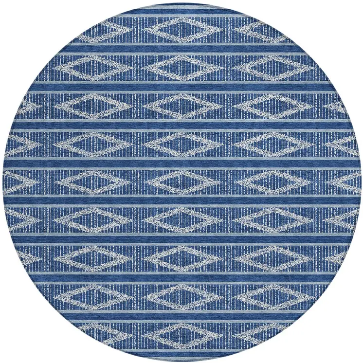 8' Navy Blue And Ivory Round Geometric Washable Indoor Outdoor Area Rug