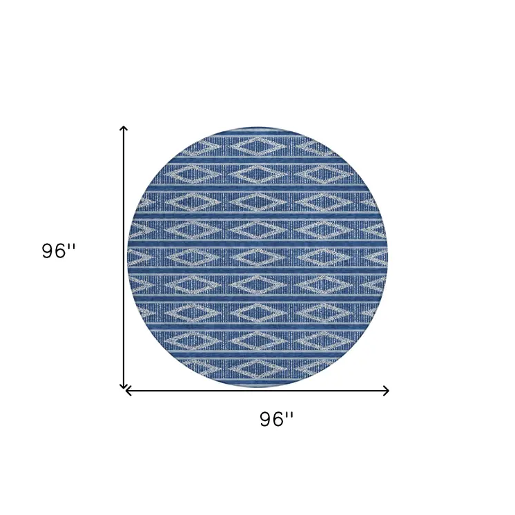 8' Navy Blue And Ivory Round Geometric Washable Indoor Outdoor Area Rug
