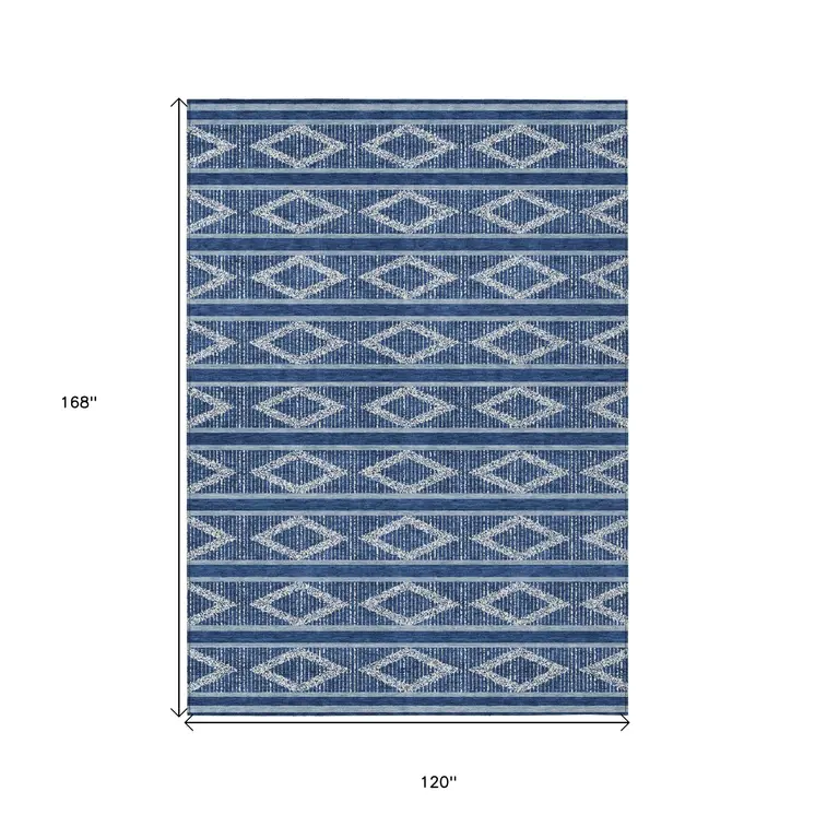 10' X 14' Navy Blue And Ivory Geometric Washable Indoor Outdoor Area Rug