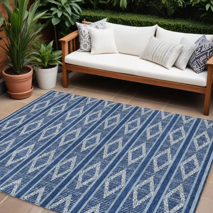 10' X 14' Navy Blue And Ivory Geometric Washable Indoor Outdoor Area Rug