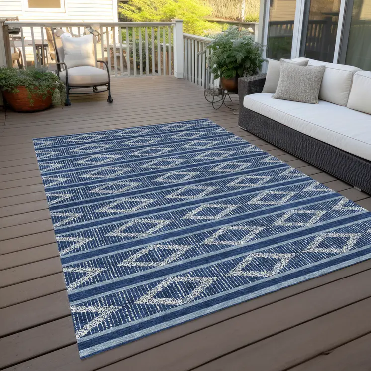 10' X 14' Navy Blue And Ivory Geometric Washable Indoor Outdoor Area Rug