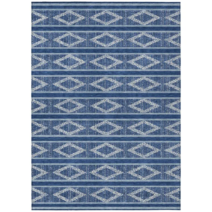 10' X 14' Navy Blue And Ivory Geometric Washable Indoor Outdoor Area Rug