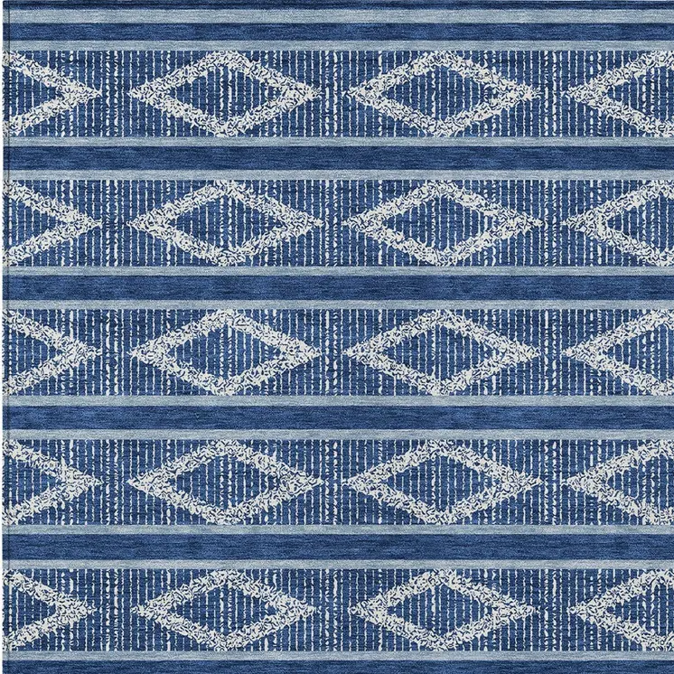 10' X 14' Navy Blue And Ivory Geometric Washable Indoor Outdoor Area Rug