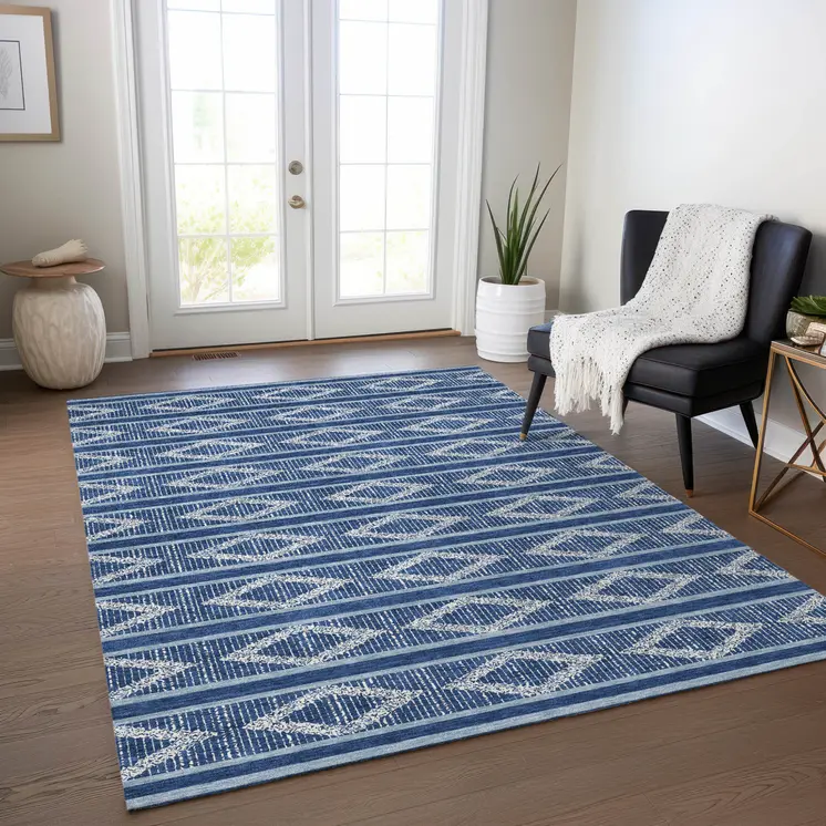 10' X 14' Navy Blue And Ivory Geometric Washable Indoor Outdoor Area Rug