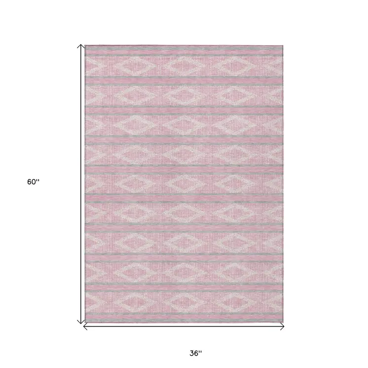 3' X 5' Pink Ivory And Gray Geometric Washable Indoor Outdoor Area Rug