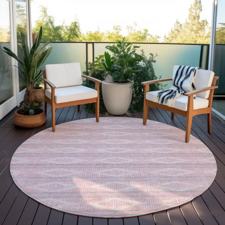 8' Pink Ivory And Gray Round Geometric Washable Indoor Outdoor Area Rug