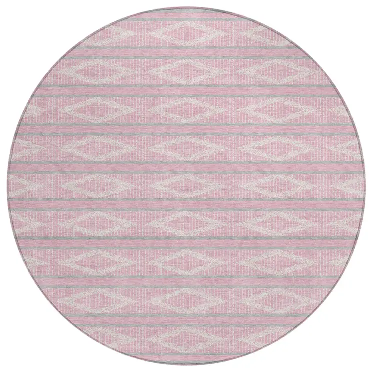 8' Pink Ivory And Gray Round Geometric Washable Indoor Outdoor Area Rug