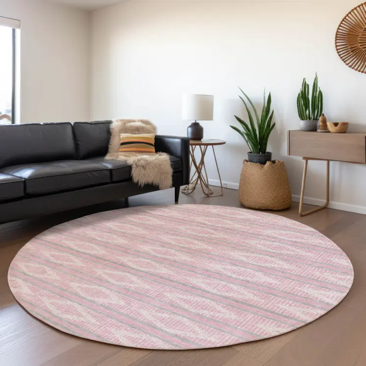 8' Pink Ivory And Gray Round Geometric Washable Indoor Outdoor Area Rug