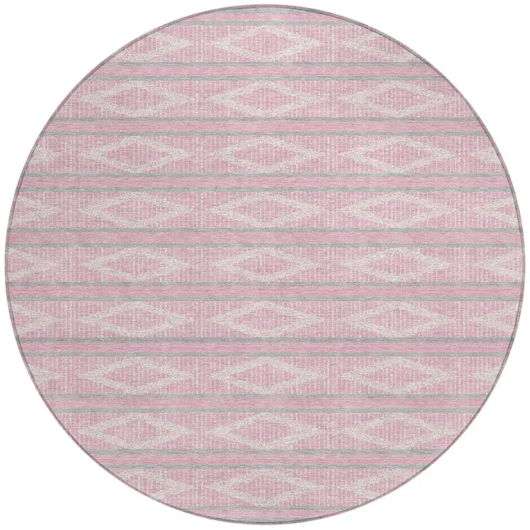 8' Pink Ivory And Gray Round Geometric Washable Indoor Outdoor Area Rug