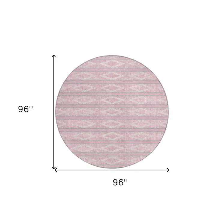 8' Pink Ivory And Gray Round Geometric Washable Indoor Outdoor Area Rug